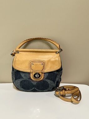 Vintage Coach Willis Tan Leather Denim Turnlock 2way Handbag Crossbody Y2K